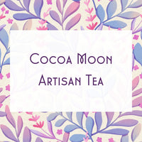 Thumbnail for A white rectangle with the text Cocoa Moon 🍫🌙 – Your Chocolate Lullaby in a Cup is centered on a pastel floral background of purple, pink, and blue leaves and branches, ideal for highlighting this soothing caffeine-free honeybush lavender tea.