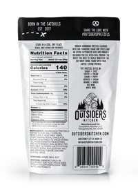 Thumbnail for A silver bag of Outsiders Coffee + Cream Pretzel Bites – Sweet, Salty, and Seriously Addictive ☕✨ is shown from the back, displaying nutrition facts, ingredients, brand story, website info, and social media details in black text.