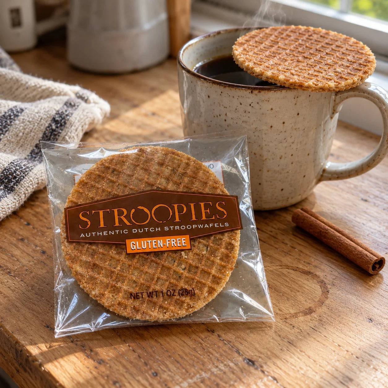 A packaged round Dutch stroopwafel sits on a wooden table beside a mug of coffee with another waffle resting on the rim, plus a cinnamon stick and cloth in a real indoor setting.