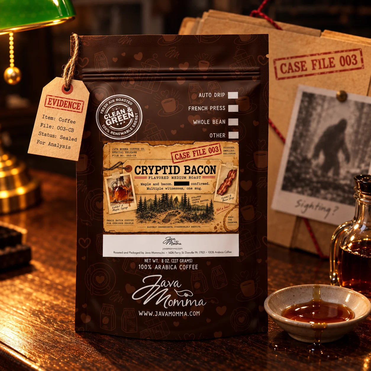 Cryptid Bacon Coffee | Momma's Picks bag featuring maple and bacon coffee flavors on a cozy table setting.