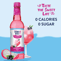 Thumbnail for A bottle of Dragon Fruit Acai Skinny Syrup – Fruity, Flirty & Island-Ready 🐉🍇🌺 sits beside a pink iced drink with fruit garnishes. Text: “Taste the Sweet Life. 0 Calories 0 Sugar.” Fruit and leaves decorate the bottom.