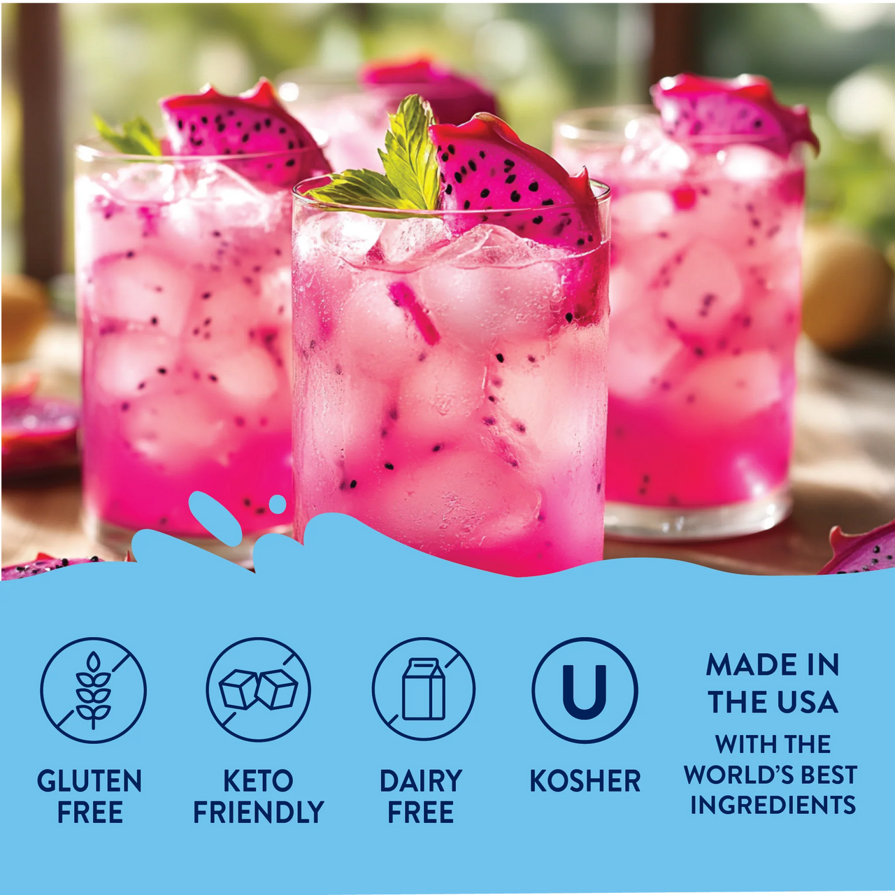 Four glasses of pink dragon fruit drink with ice and garnish, made with Dragon Fruit Acai Skinny Syrup – Fruity, Flirty & Island-Ready 🐉🍇🌺. Gluten free, keto friendly, dairy free, kosher, made in the USA with premium ingredients.