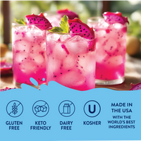 Thumbnail for Four glasses of pink dragon fruit drink with ice and garnish, made with Dragon Fruit Acai Skinny Syrup – Fruity, Flirty & Island-Ready 🐉🍇🌺. Gluten free, keto friendly, dairy free, kosher, made in the USA with premium ingredients.
