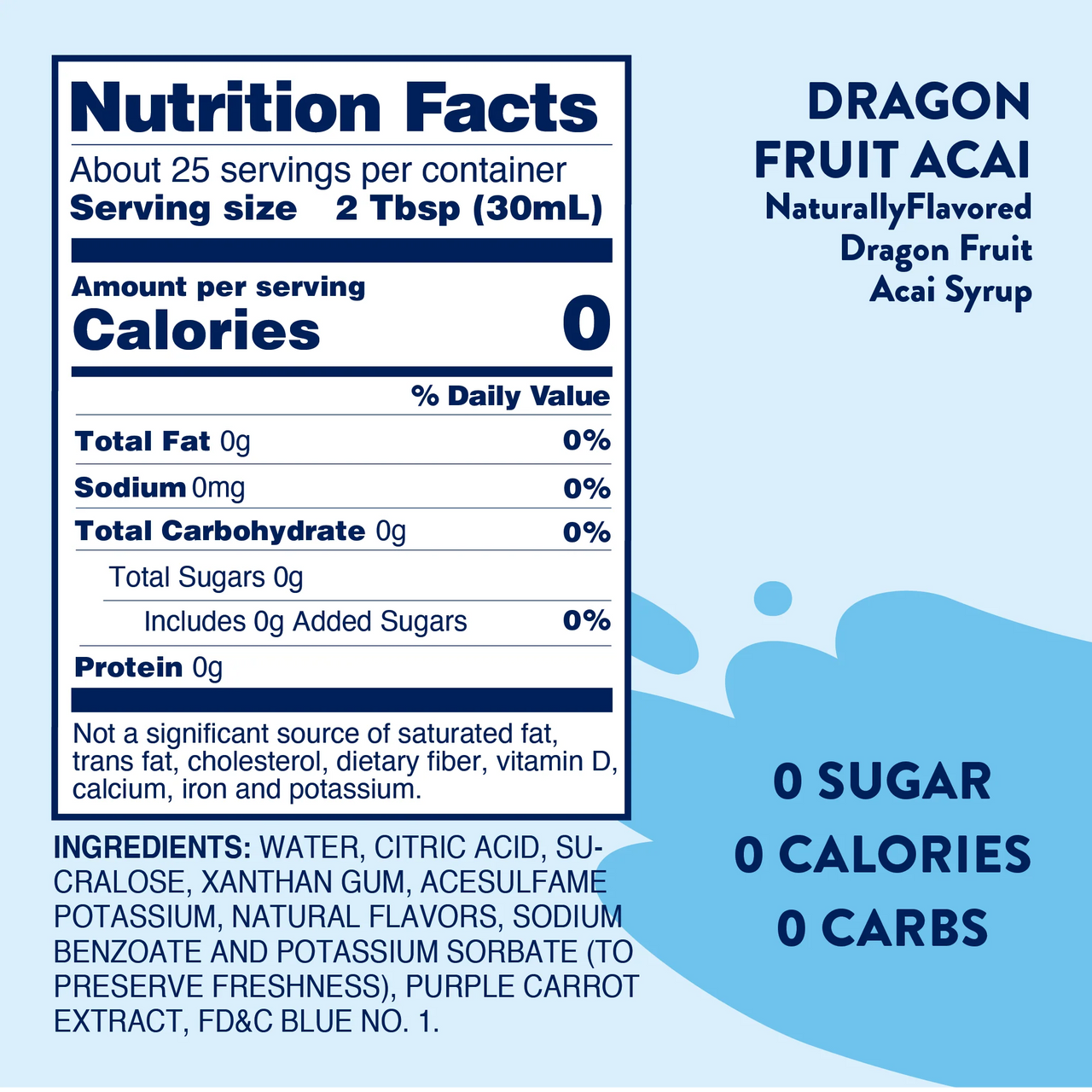 The Nutrition Facts label for Dragon Fruit Acai Skinny Syrup – Fruity, Flirty & Island-Ready 🐉🍇🌺 shows 0 calories, sugar, fat, carbs, and protein per serving. Blue wave background displays the product name with clear ingredient and nutrition info.