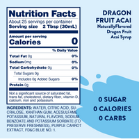 Thumbnail for The Nutrition Facts label for Dragon Fruit Acai Skinny Syrup – Fruity, Flirty & Island-Ready 🐉🍇🌺 shows 0 calories, sugar, fat, carbs, and protein per serving. Blue wave background displays the product name with clear ingredient and nutrition info.