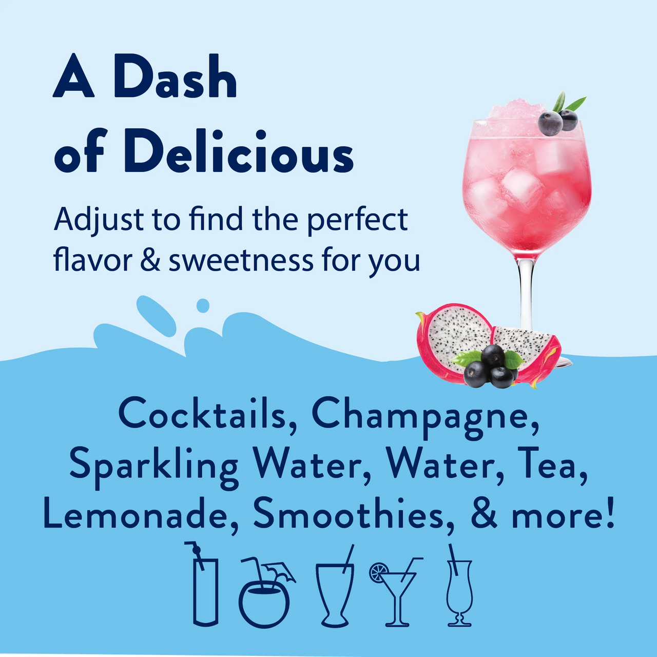 A pink cocktail with ice and fruit garnishes highlights flavor customization for cocktails, champagne, sparkling water, tea, lemonade, smoothies, and more—featuring Dragon Fruit Acai Skinny Syrup: Fruity, Flirty & Island-Ready 🐉🍇🌺—with blue drink icons below.
