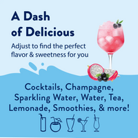 Thumbnail for A pink cocktail with ice and fruit garnishes highlights flavor customization for cocktails, champagne, sparkling water, tea, lemonade, smoothies, and more—featuring Dragon Fruit Acai Skinny Syrup: Fruity, Flirty & Island-Ready 🐉🍇🌺—with blue drink icons below.