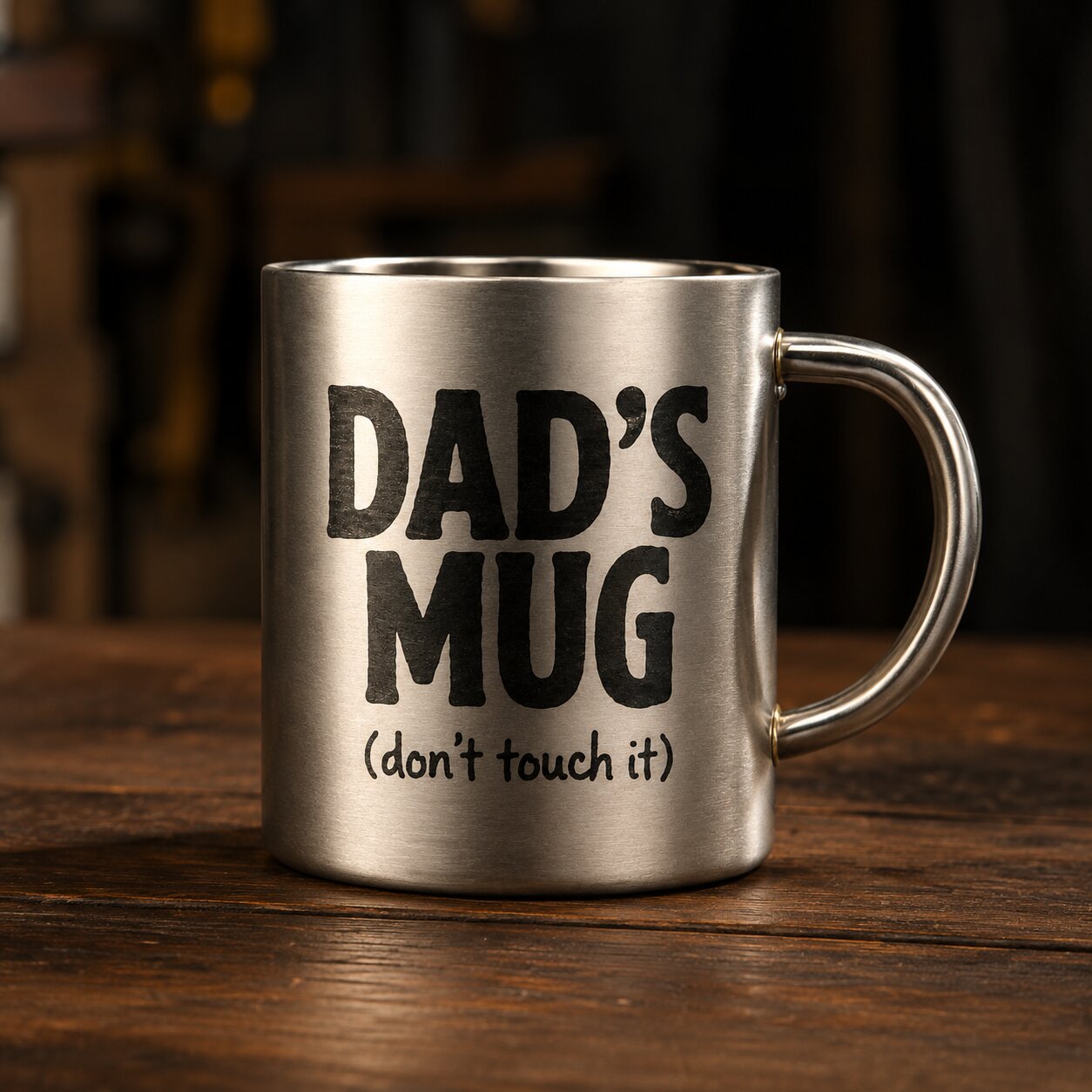 Stainless steel mug with 'DAD'S MUG (don't touch it)' text on a wooden surface