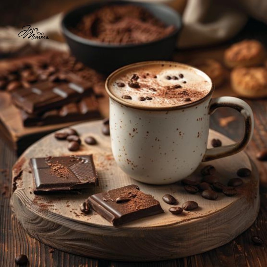 Java Momma Death by Chocolate flavored coffee in a rustic mug topped with cocoa powder, surrounded by chocolate bars and coffee beans.