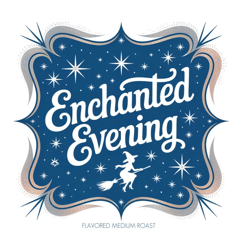Logo for 'Enchanted Evening' with a witch on a broom and starry design.