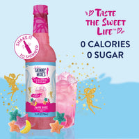 Thumbnail for A bottle of Fairy Dust Skinny Syrup – Sweet, Sour & Totally Spellbinding 🧚‍♀️🍬✨ sits by a pink glittery iced drink with gummy stars. Text: Taste the Sweet Life, 0 CALORIES 0 SUGAR, and Shake it to shimmer.
