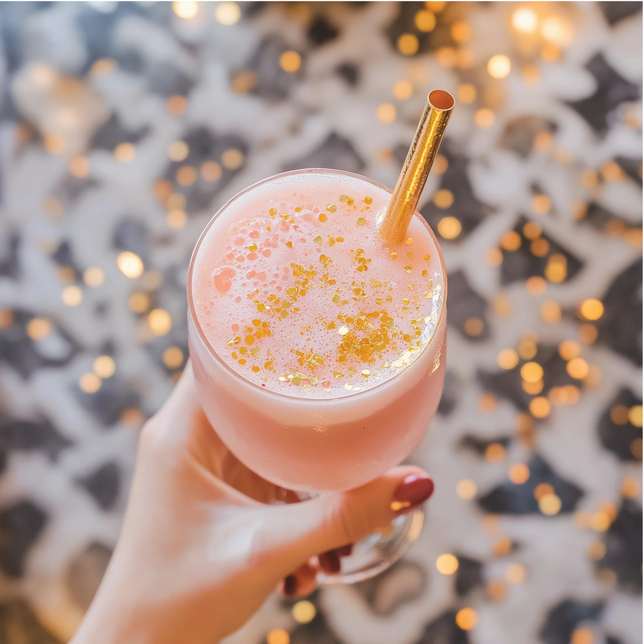 A hand holds a glass of pink frothy drink topped with gold glitter and a gold straw, made magical with Fairy Dust Skinny Syrup – Sweet, Sour & Totally Spellbinding 🧚‍♀️🍬✨—against sparkling lights.
