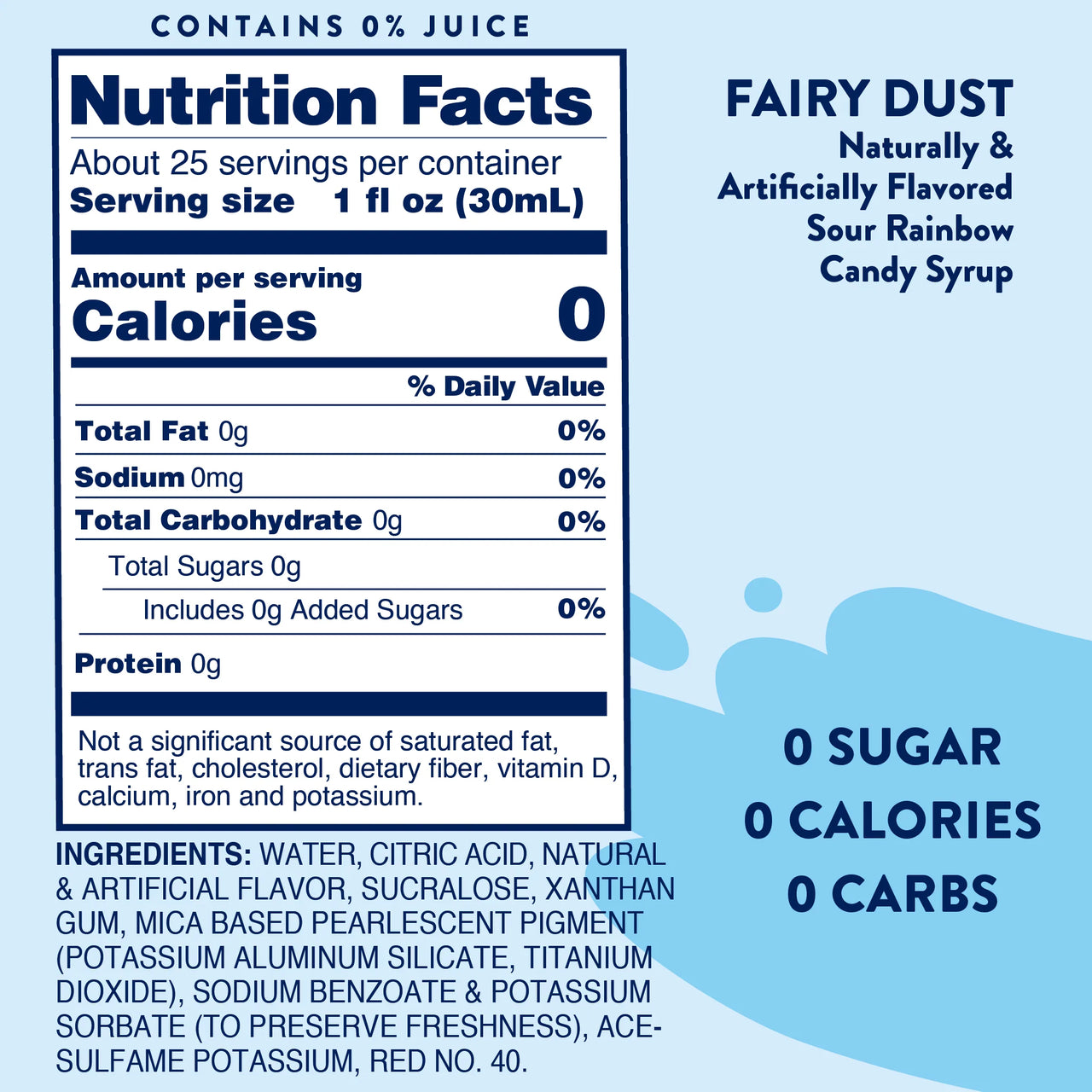 Nutrition Facts for Fairy Dust Skinny Syrup – Sweet, Sour & Totally Spellbinding 🧚‍♀️🍬✨: zero calories, sugar, and carbs per serving. Features a naturally & artificially flavored sour candy taste on a blue background. Keto-friendly.