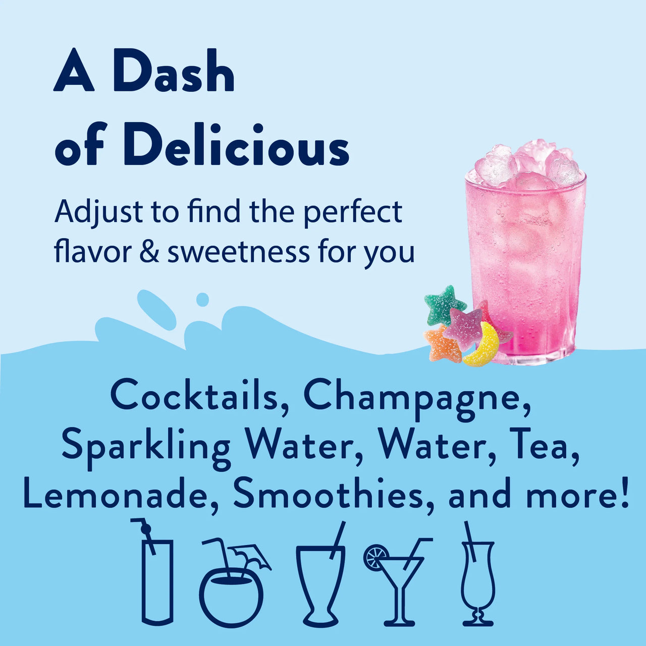 Fairy Dust Skinny Syrup – Sweet, Sour & Totally Spellbinding 🧚‍♀️🍬✨ adds customizable flavor and sweetness to cocktails, tea, lemonade, champagne, water, or smoothies. Drink icons at the bottom highlight its versatility.