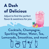 Thumbnail for Fairy Dust Skinny Syrup – Sweet, Sour & Totally Spellbinding 🧚‍♀️🍬✨ adds customizable flavor and sweetness to cocktails, tea, lemonade, champagne, water, or smoothies. Drink icons at the bottom highlight its versatility.