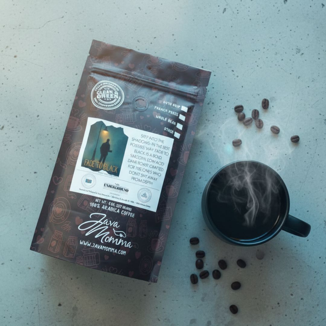 Fade to Black Coffee package with a mug and scattered beans on a textured surface