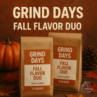Thumbnail for Two brown coffee bags labeled 🍂 Grind Days Fall Flavor Duo – Mystery Edition 🍂 stand on a table with autumn leaves, a pumpkin, and pine cones, celebrating the rich seasonal flavors of fall. The product name appears above in bold letters.
