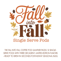 Thumbnail for Text reads Fall Into Fall Coffee Pod Sampler 🍁 – 12 Pods, 3 Cozy Flavors, surrounded by autumn leaves, acorns, and coffee beans. Smaller text features a sampler pack with limited-edition pumpkin spice latte pods.