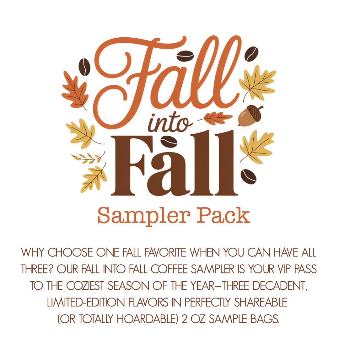 Discover the Fall Into Fall Coffee Sampler 🍁—three cozy, limited-edition seasonal flavors, including Pumpkin Spice Latte, each in shareable 2 oz bags. Perfect for sipping and sharing autumn’s best coffee treats!.