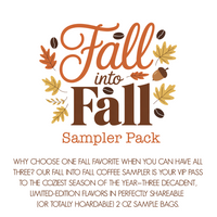 Thumbnail for Discover the Fall Into Fall Coffee Sampler 🍁—three cozy, limited-edition seasonal flavors, including Pumpkin Spice Latte, each in shareable 2 oz bags. Perfect for sipping and sharing autumn’s best coffee treats!.