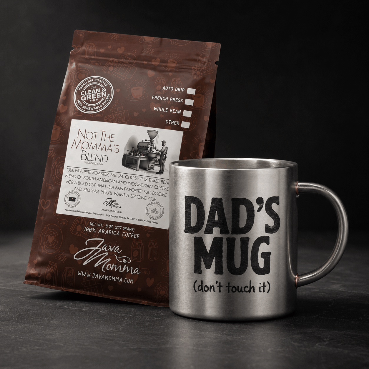 Coffee package and 'Dad's Mug' on a dark background