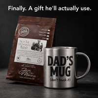 Thumbnail for Coffee bag and 'Dad's Mug' with humorous text on a dark background