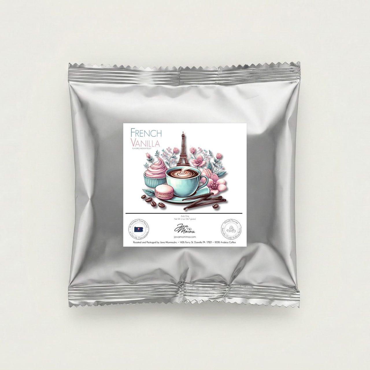 french vanilla flavored coffee 2 ounce sample pack in silver foil packaging on neutral surface