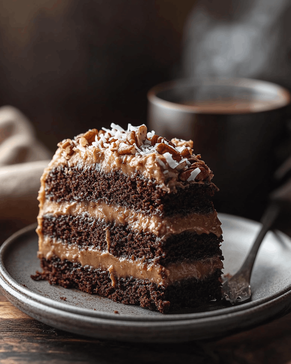 Slice of layered german chocolate cake on a plate with a steaming cup of coffee in the background.