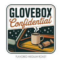 Thumbnail for A retro-style Glovebox Confidential logo shows a car interior with steaming coffee and wrapped candy on the dashboard under a starry sky. Below: Flavored Medium Roast with Caramel & Brandy Essence.