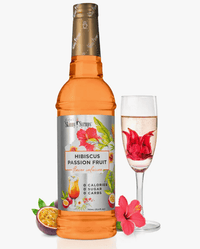 Thumbnail for A bottle of Hibiscus Passion Fruit Skinny Syrup – A Bold Burst of Tropical Elegance 🌺🍍✨ stands by a glass of pink drink with a hibiscus flower inside, alongside halved passion fruit and a hibiscus flower, showcasing this guilt-free sweetener.