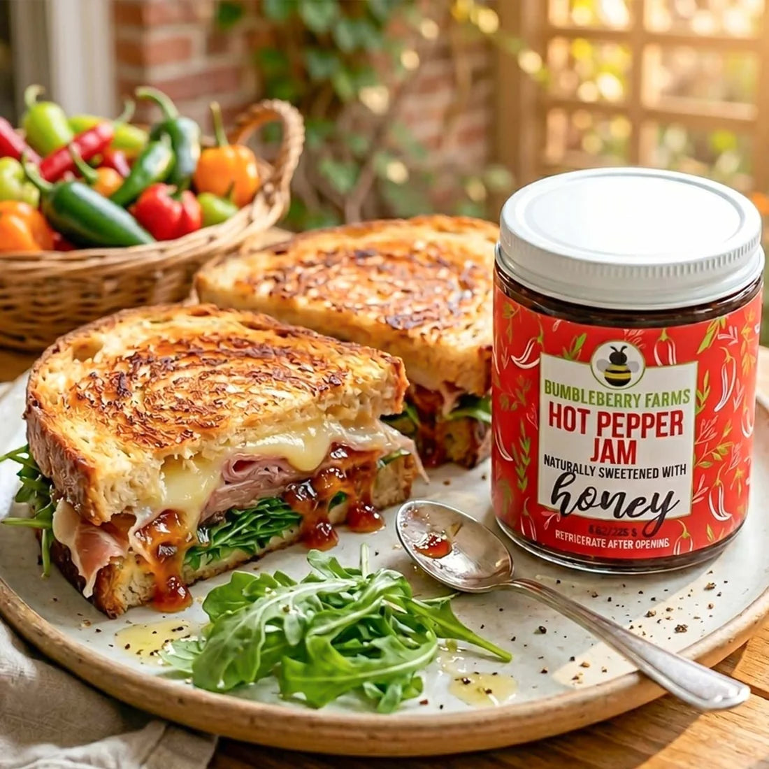 Grilled sandwich with hot pepper jam on a plate with a jar of Bumbleberry Farms Hot Pepper Jam.