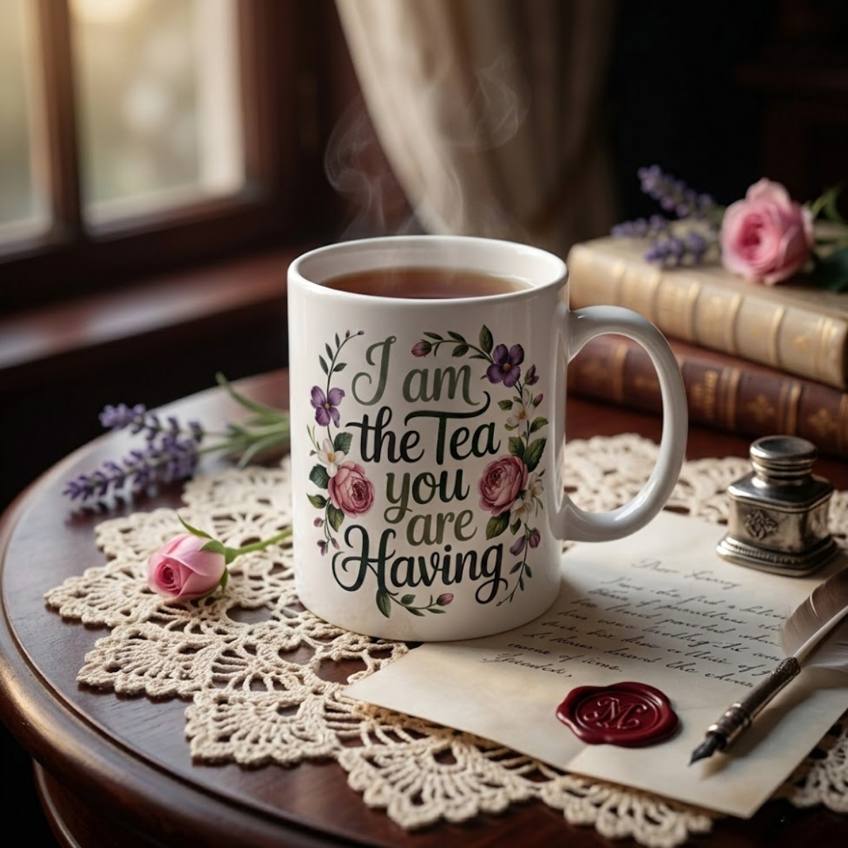 Regency drama tea mug featuring floral design and the quote 'I am the tea you are having', placed on a vintage table.