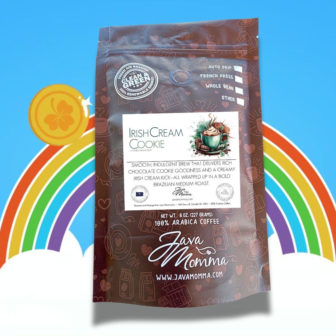 A bag of Irish Cream Cookie coffee takes center stage against a festive Irish-themed background, decorated with shamrocks, gold coins, and sweet treats. The packaging highlights its indulgent chocolate cookie and Irish cream flavors. 