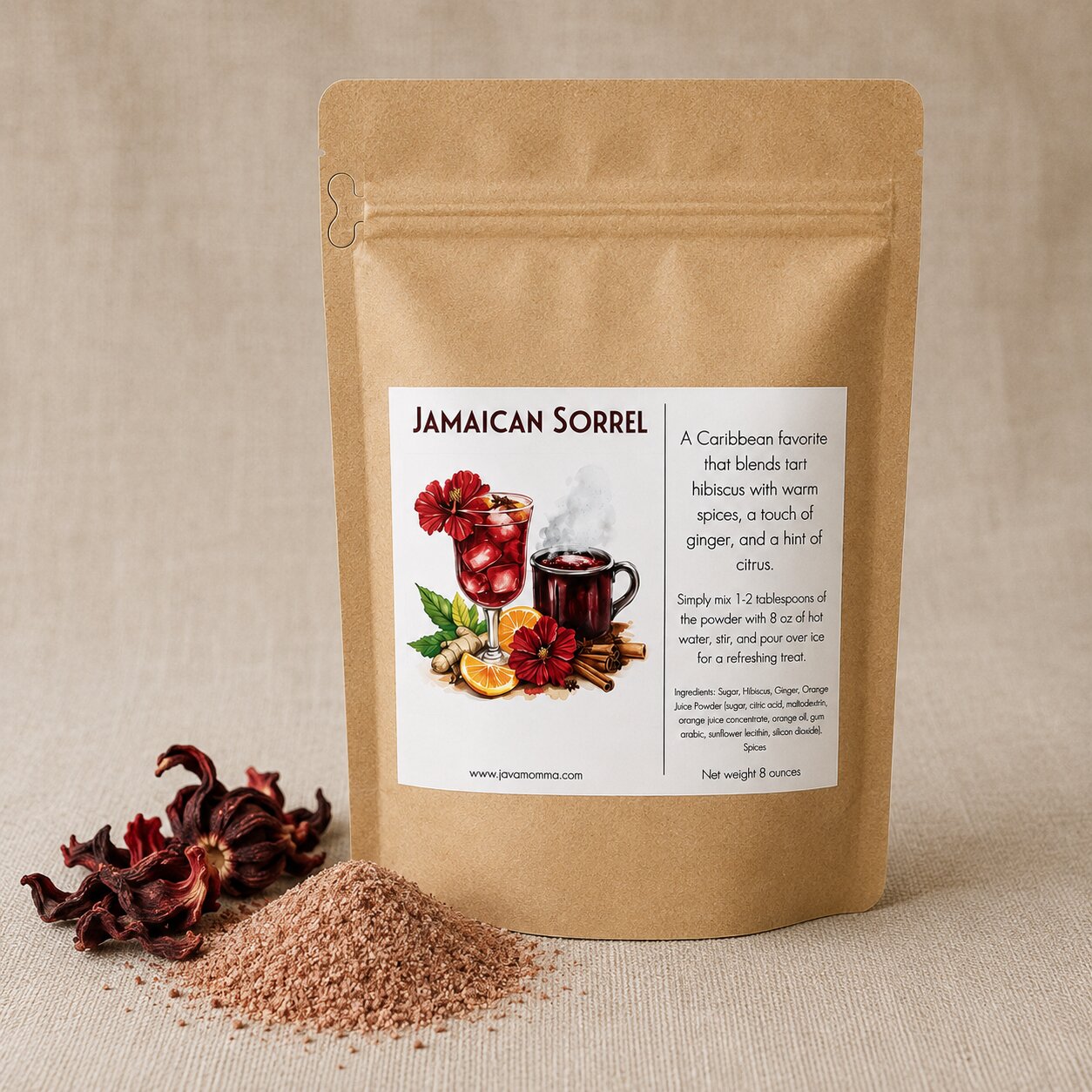 A kraft paper stand-up pouch labeled 'Jamaican Sorrel' stands on a beige fabric surface with a small pile of loose dried sorrel leaves and powder in front. The package has a white front label with red flowers, green leaves, and orange slices, plus product description text.