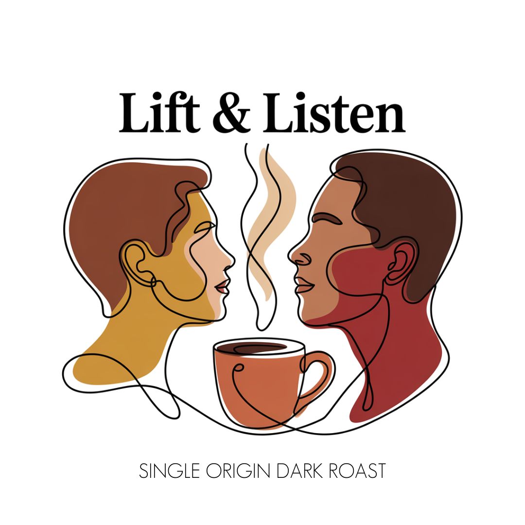 Minimalist line art of two people facing each other with a steaming coffee cup between them. Above is ✊🏾 Lift & Listen – A Juneteenth Roast with Purpose, honoring Juneteenth and Black history celebration.