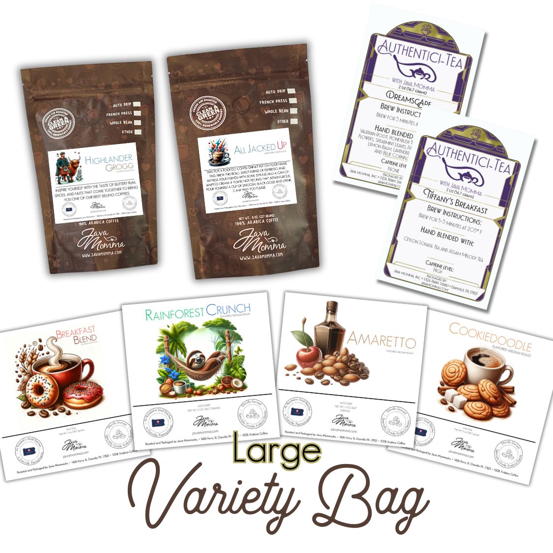 The Large Variety Bag includes two brown coffee bags, four illustrated coffee flavor cards, and two tea cards—perfect for a Shopify box bundle, with each item labeled “Large Variety Bag” at the bottom.
