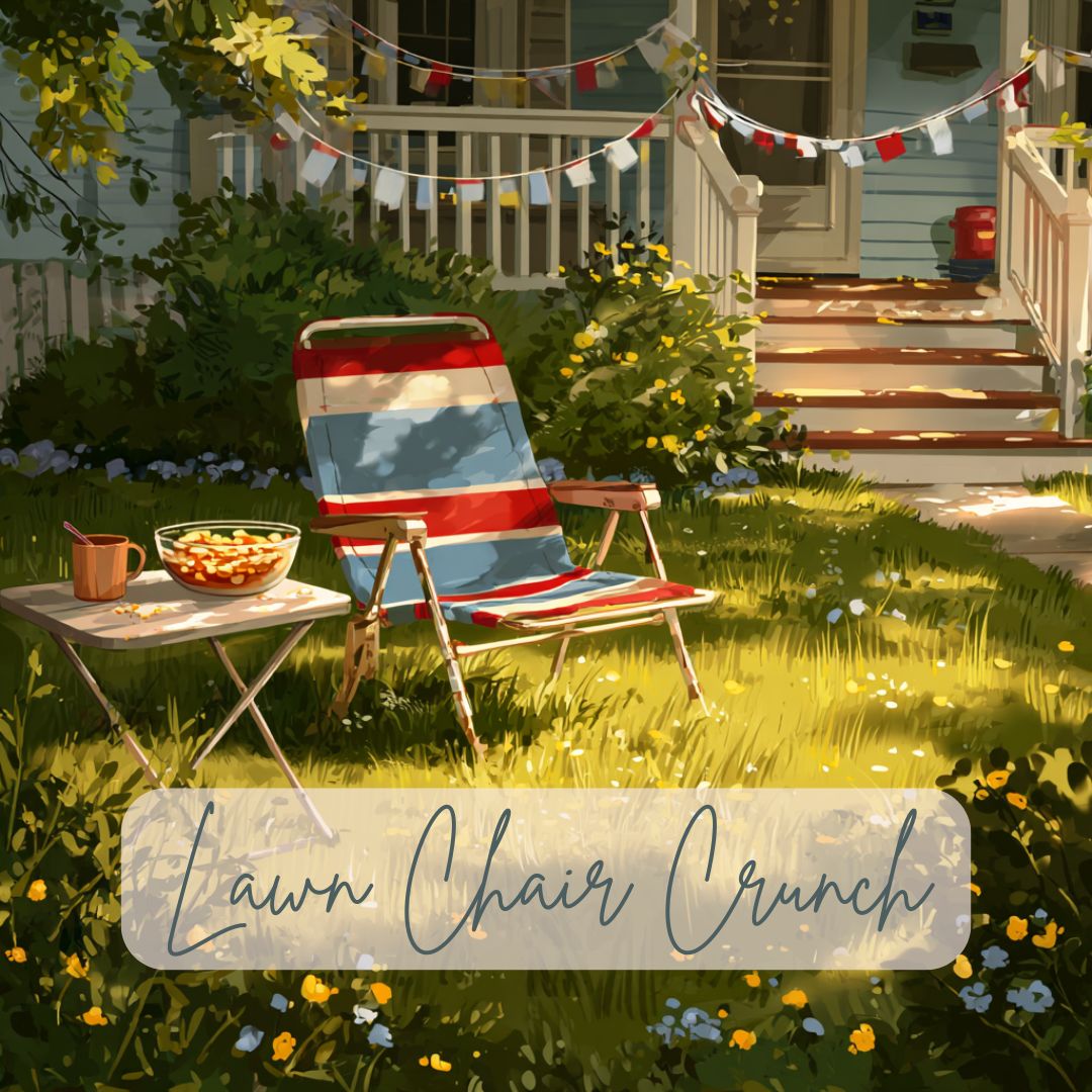 A sunlit yard features a striped lawn chair and table with snacks, including Lawn Chair Crunch – Flavored Coffee with Toasted Nuts & Vanilla. Flowers, string lights, and festive bunting create charm. Text reads “Lawn Chair Crunch.”.