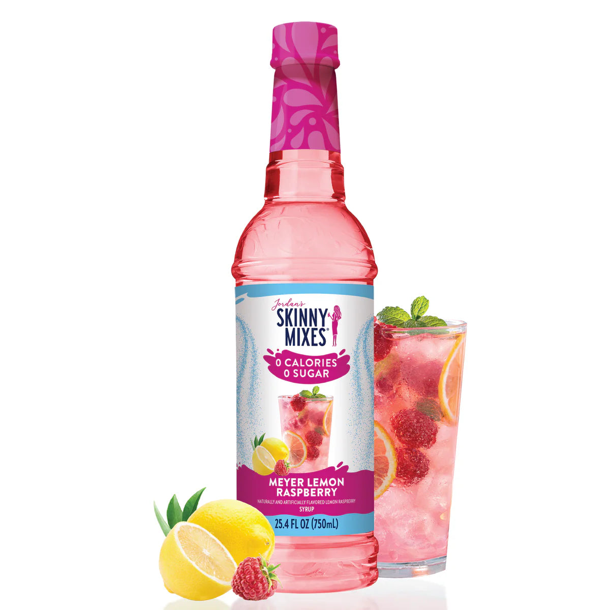 A bottle of Meyer Lemon Raspberry Skinny Syrup – Sweet Meets Zesty in Every Sip 🍋💗✨ stands next to a glass of pink lemonade with raspberries, lemon slices, ice, and mint. Whole and sliced lemons and raspberries sit beside the keto-friendly syrup.