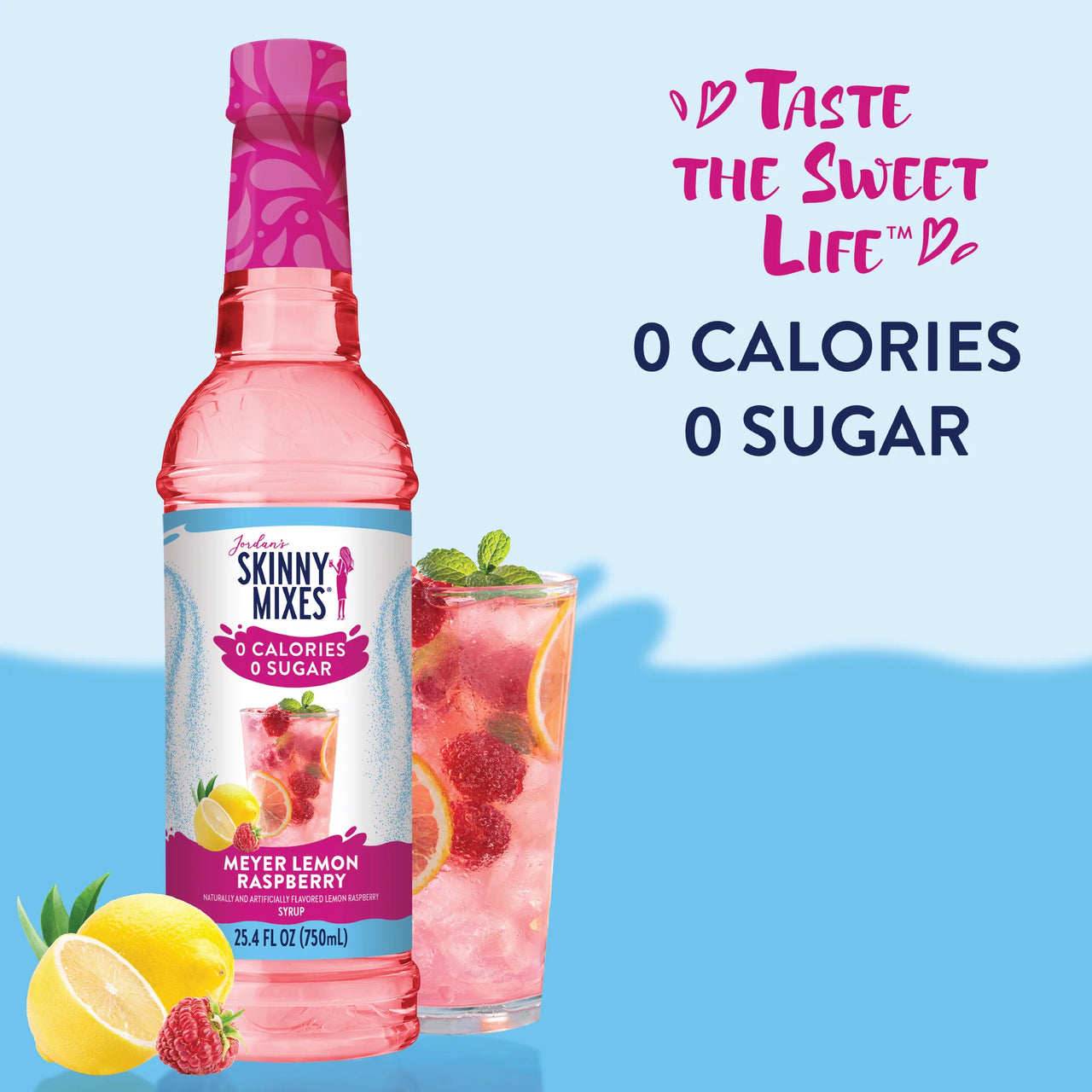 A bottle of Meyer Lemon Raspberry Skinny Syrup stands by a pink drink with fruit, lemon, and mint. Lemons and raspberries in front. Text: Sweet Meets Zesty in Every Sip 🍋💗✨ 0 Calories. 0 Sugar. Taste the Sweet Life.