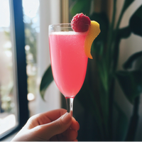 Thumbnail for A hand holds a champagne flute of vibrant pink drink, garnished with raspberry and lemon twist. Sunlight streams in, plants blurred behind—a refreshing sip made with Meyer Lemon Raspberry Skinny Syrup: Sweet Meets Zesty in Every Sip 🍋💗✨.