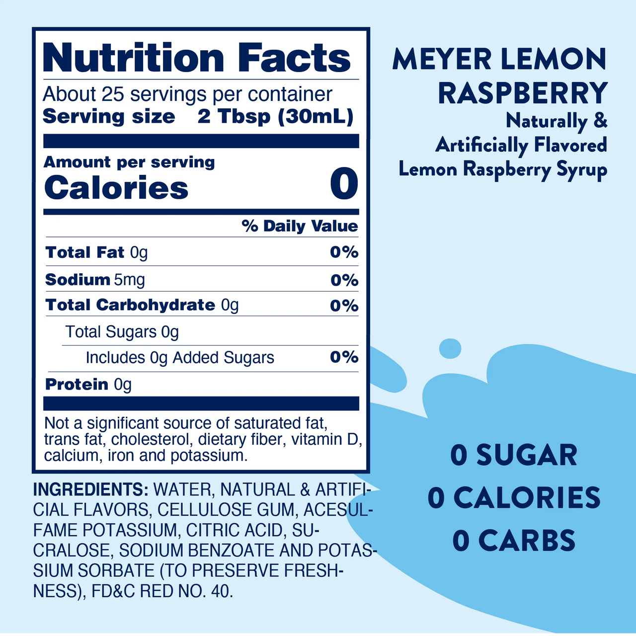 Nutrition label for Meyer Lemon Raspberry Skinny Syrup – Sweet Meets Zesty in Every Sip 🍋💗✨, showing 0 calories, 0 sugar, and 0 carbs per 2 Tbsp (30mL) serving on a blue background—perfect as a keto-friendly syrup.