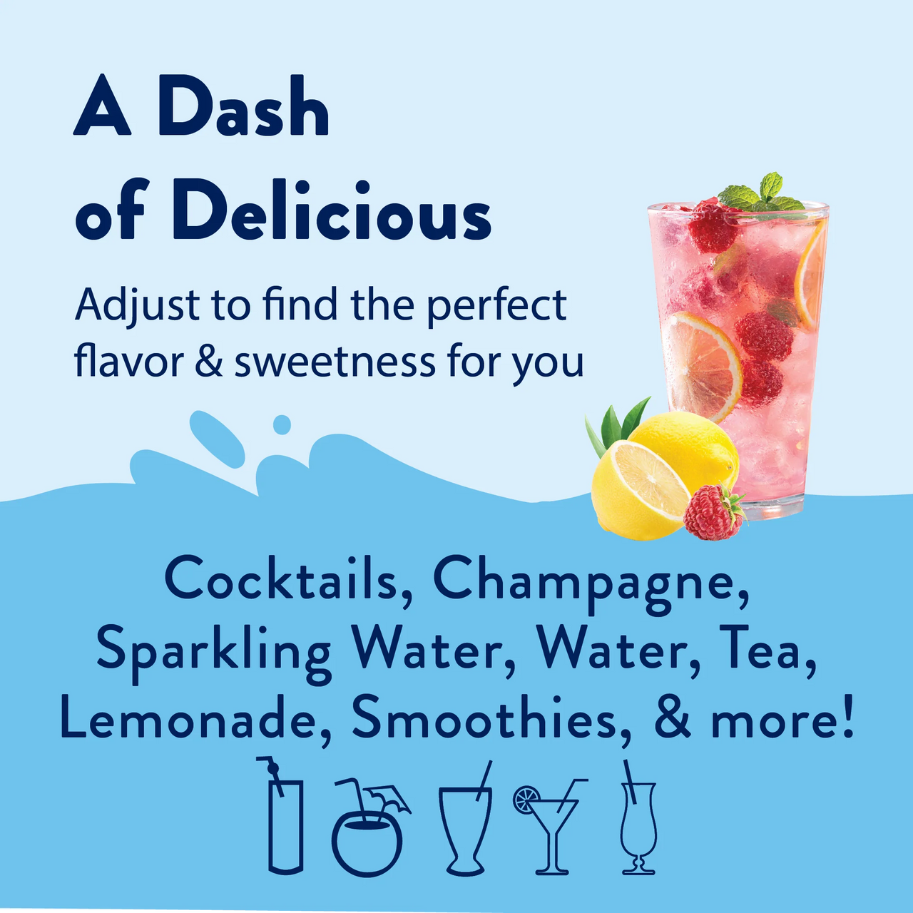 A refreshing pink drink with raspberries, lemon, and mint sits by whole lemons on blue. Text highlights Sugar-Free Meyer Lemon Raspberry Skinny Syrup—Sweet Meets Zesty in Every Sip—for cocktails, smoothies, sparkling water, lemonade & more.