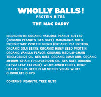 Thumbnail for Blue background with white text listing ingredients and allergens for The Mac Daddy – White Chocolate Macadamia Wholly Balls, a plant-based protein snack with peanut butter, protein blend, macadamia nuts; contains peanuts and tree nuts.