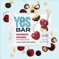 Thumbnail for The Macadamia Chocolate YES Bar® – The OG Flavor That Started It All, a plant-based and gluten-free snack with cherries and apricots, is pictured on a light blue background surrounded by cherries, macadamia nuts, and chocolate pieces.
