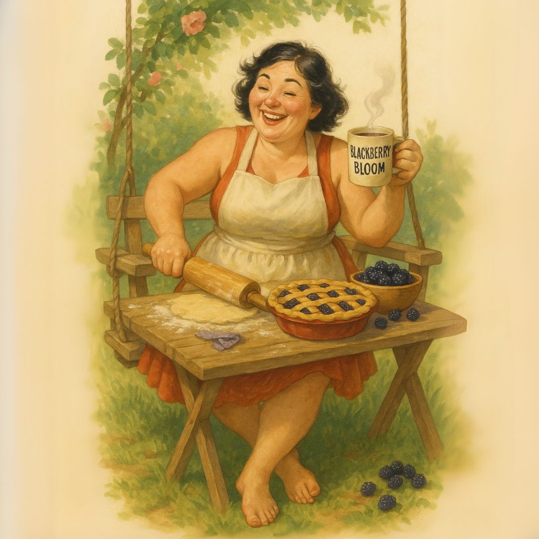 A cheerful woman in a red dress and apron smiles on a wooden swing, rolling pie dough. On the table are a blackberry pie, fresh blackberries, and a mug of Blackberry Bloom Flavored Coffee—juicy, sweet & cozy as fresh-baked cobbler.