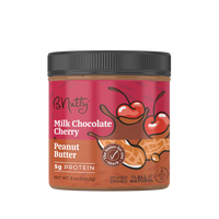 Thumbnail for A jar of Milk Chocolate Cherry Peanut Butter 🍒 – Fruity, Chocolatey, and Sinfully Smooth—made with honey roasted peanuts. The label shows dark cherries & chocolate, highlights 5g protein, all natural, gluten free, and women-owned business.
