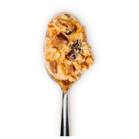 Thumbnail for A close-up of a spoonful of Milk Chocolate Cherry Peanut Butter 🍒—featuring visible chocolate chips, raisins, and honey roasted peanuts—set against a black background. Fruity, chocolatey, and sinfully smooth.