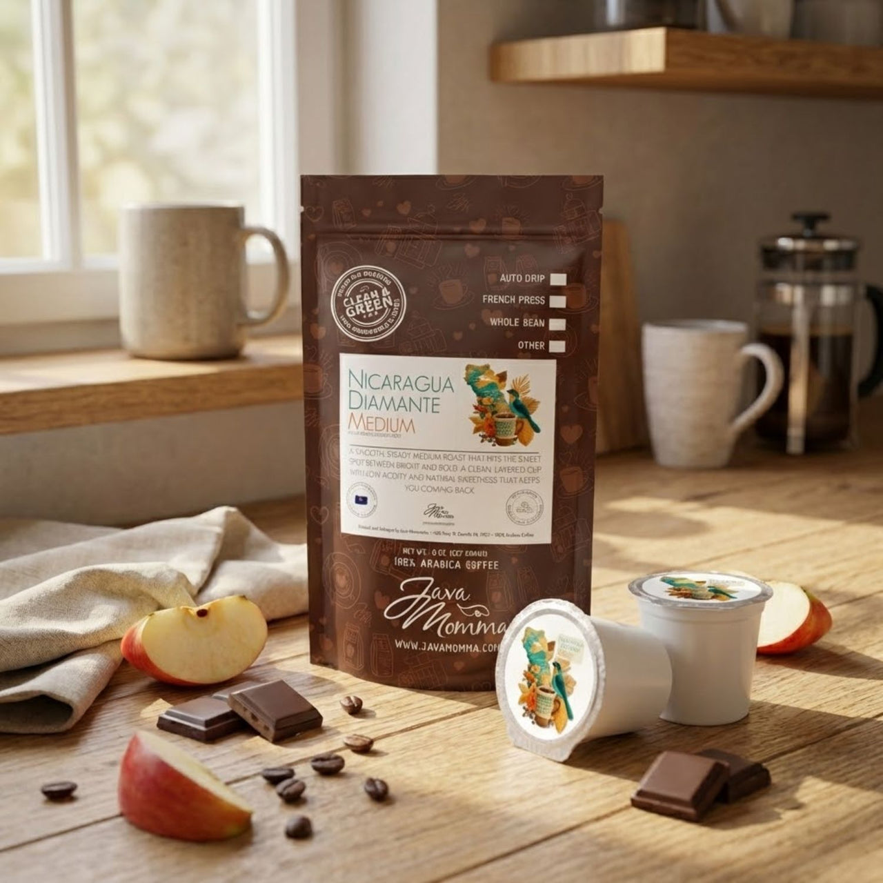 Nicaragua Diamante Coffee package with coffee beans, apples, and a coffee pod on a wooden surface.