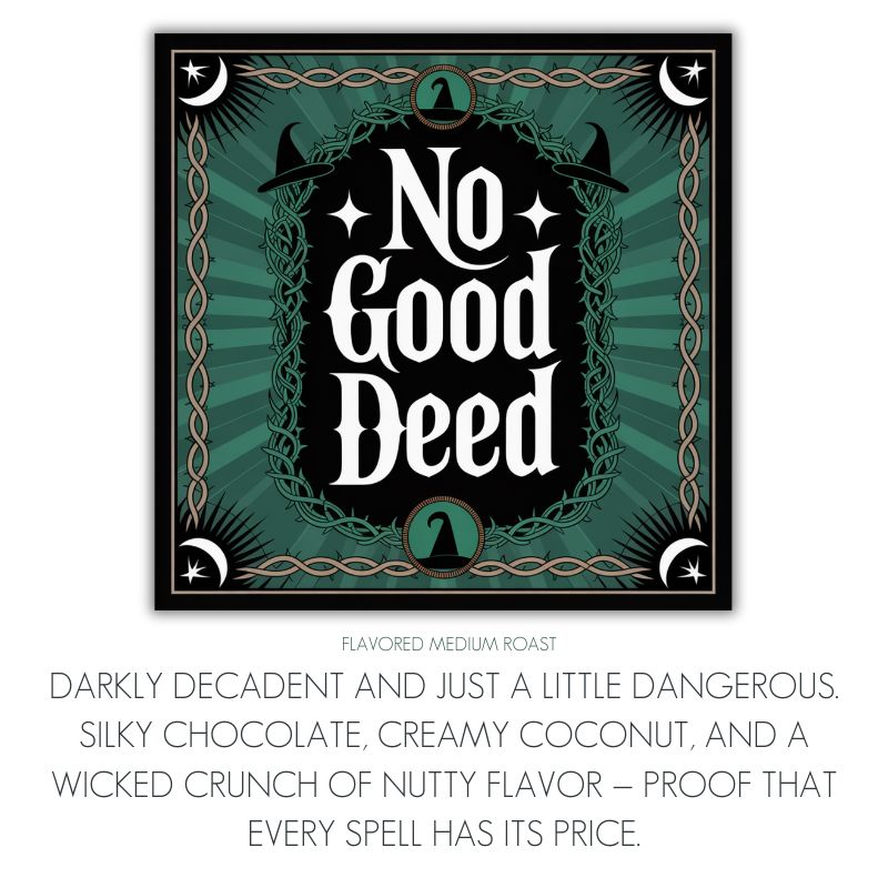 The Momma’s Picks Monthly Coffee Box features "No Good Deed" on a dark label with a green circle and horns, describing its small-batch roast as decadent, with chocolate, coconut, and nutty flavor notes. Includes 3 exclusive flavored coffees.