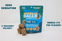 Thumbnail for A bag of The O.G. – Chocolate Coconut Wholly Balls | Plant-Based Protein Snack stands upright, surrounded by protein bites. Bold text highlights: Seed Sensation, A Decadent Delight!, Plant-Based Protein, and Gluten-Free Goodness!.